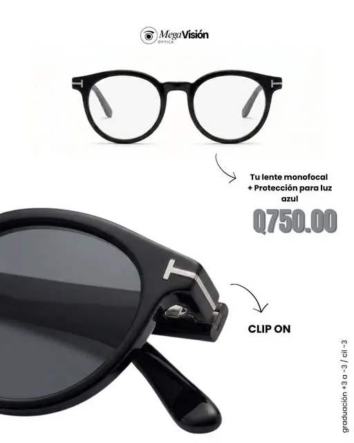 Aro redondo negro con lente monofocal, filtro de luz azul y clip-on solar